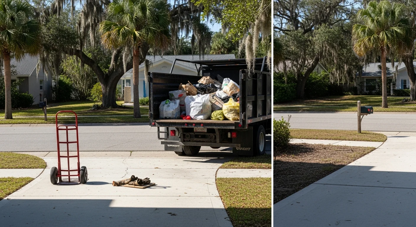 Junk removal team loading debris into hauling truck