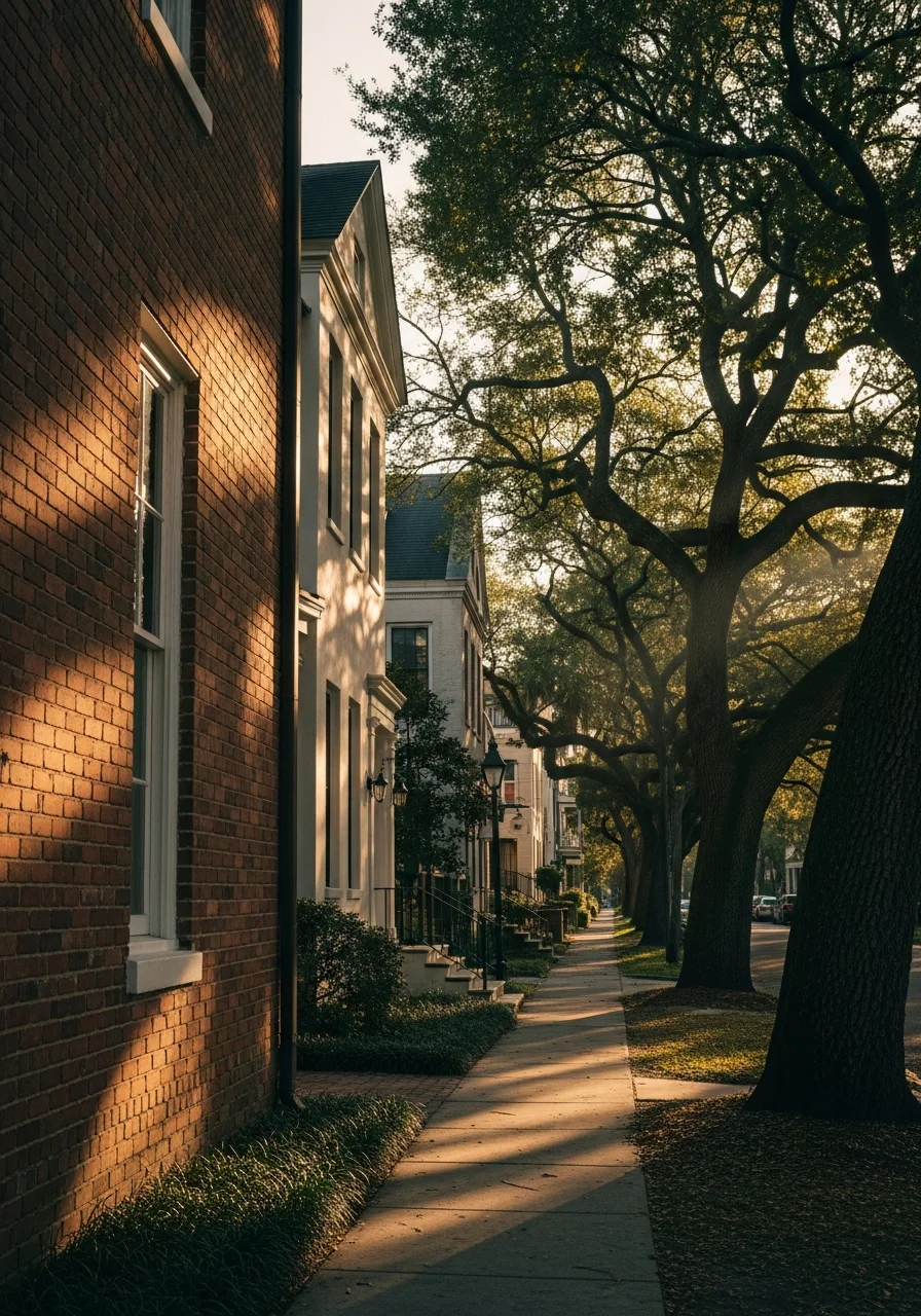 Close-up of a Jacksonville residential street with mature oak trees and mixed architectural styles.