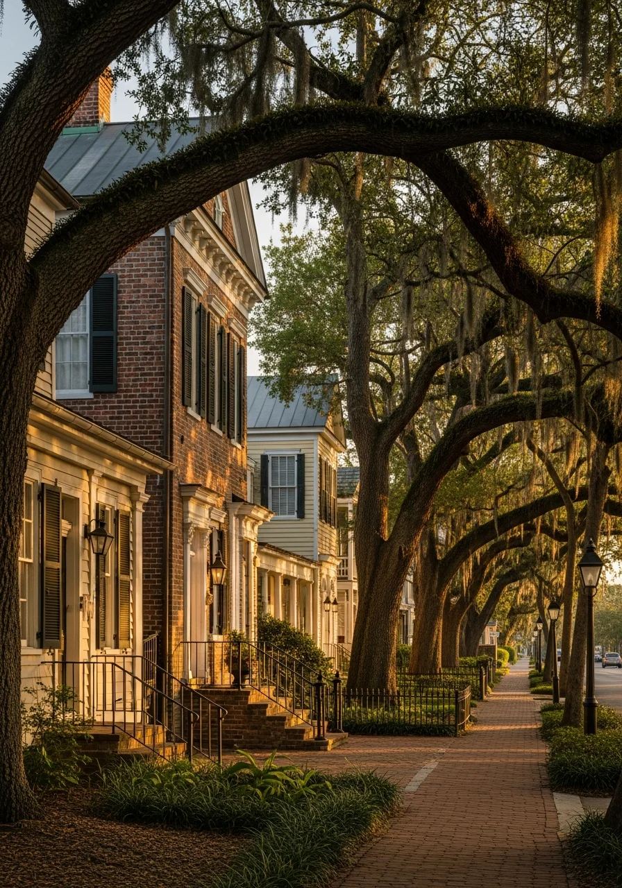 Fernandina Beach historic district street with charming older homes and oak trees.