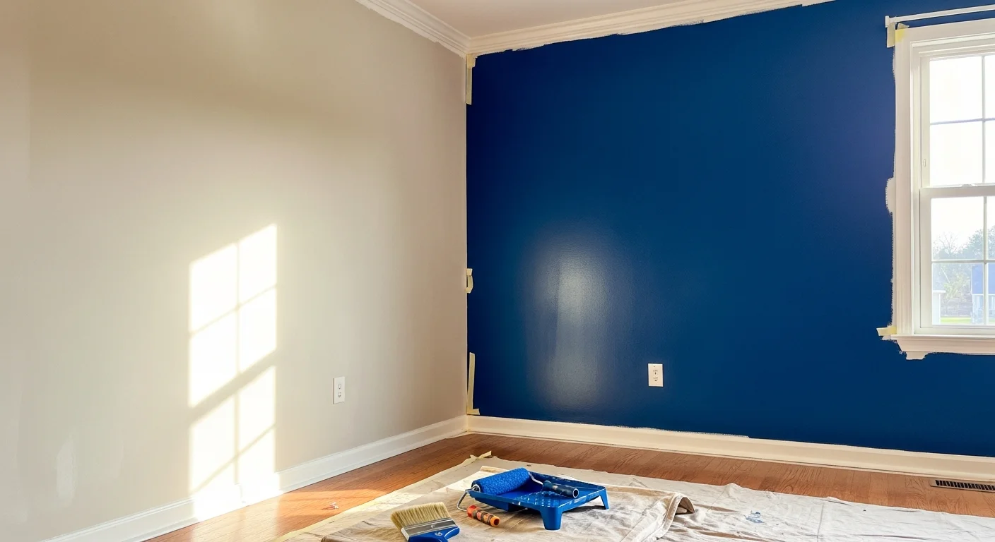 A freshly painted deep-toned accent wall behind a bed in a Jacksonville home, with clean edges along white trim and a smooth finish on knock-down textured drywall. The surrounding walls remain a light neutral, showing the contrast created by Moniken Painting and Design's interior accent wall painting service in Duval County.