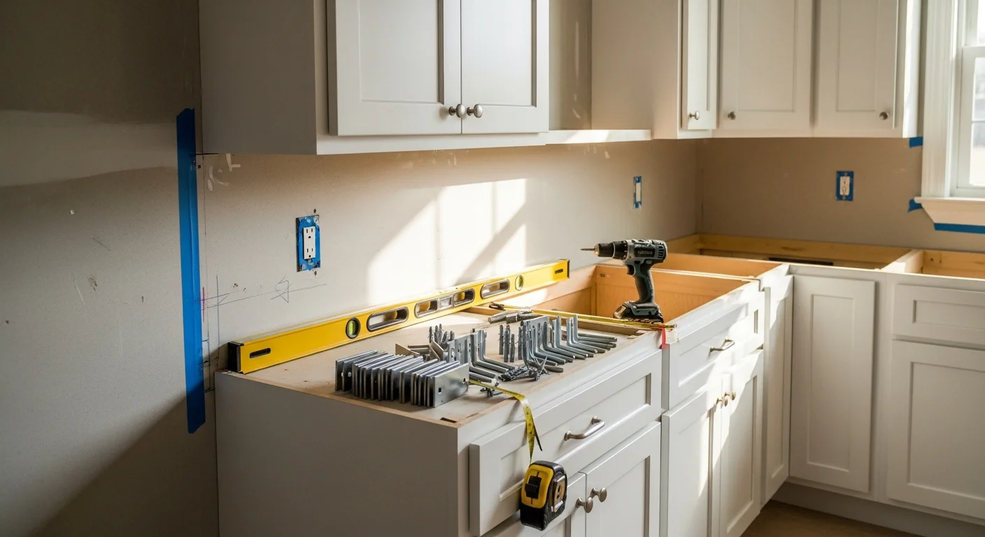Newly installed kitchen cabinets in a Jacksonville, Florida home, showing level upper and lower cabinet runs with clean wall-to-cabinet fit. The space reflects a completed Moniken Painting and Design cabinet installation in a Duval County residential kitchen.