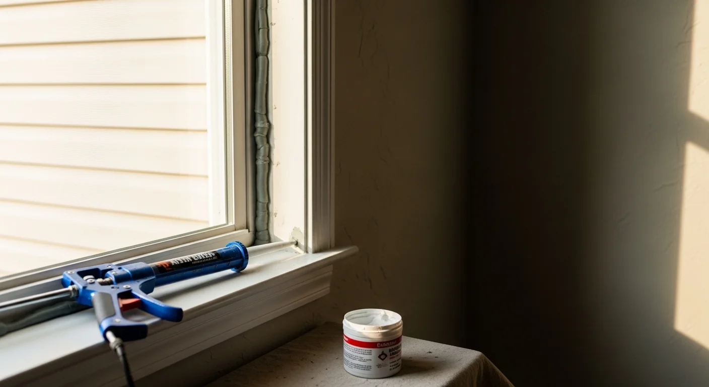 A freshly caulked window frame on a Jacksonville home exterior, showing a clean sealant line where painted trim meets the stucco wall. The joint is smooth and fully sealed with no gaps or cracking visible.