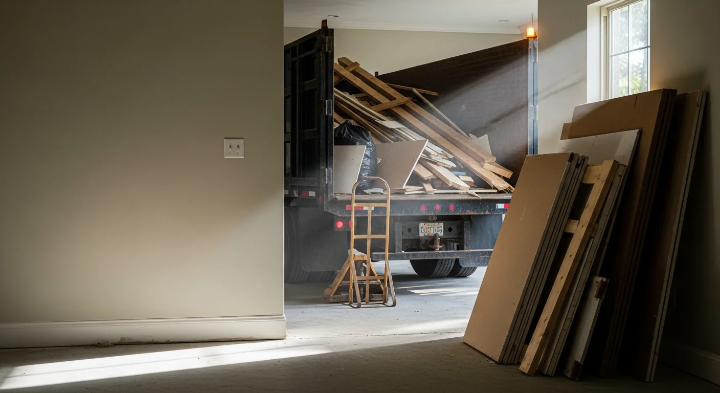 A cleared Jacksonville residential worksite after construction cleanup, with swept floors and no remaining debris, drywall scraps, or lumber offcuts visible. Moniken Painting and Design crew loading bagged construction waste into a hauling truck in a Duval County driveway.