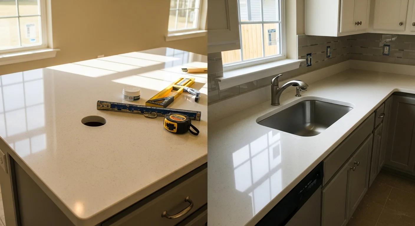 Newly installed countertop in a Jacksonville kitchen showing clean edge finishing and a fitted sink cutout. The surface runs the full length of the cabinetry in a Duval County home remodeled by Moniken Painting and Design.