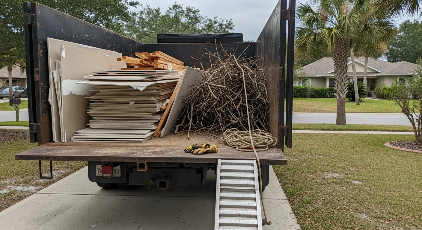 A cleared Jacksonville residential property with no remaining debris after a full haul-away by Moniken Painting and Design. Empty driveway and clean yard visible in a Duval County neighborhood setting.