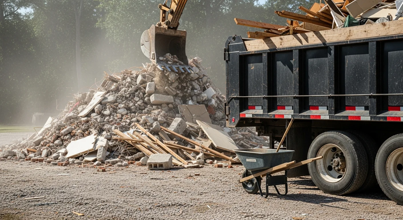A cleared Jacksonville residential job site with a loaded haul truck parked alongside a pile of concrete rubble, lumber scraps, and drywall waste ready for removal. Duval County property with no remaining demolition debris on the ground after a full teardown cleanup.