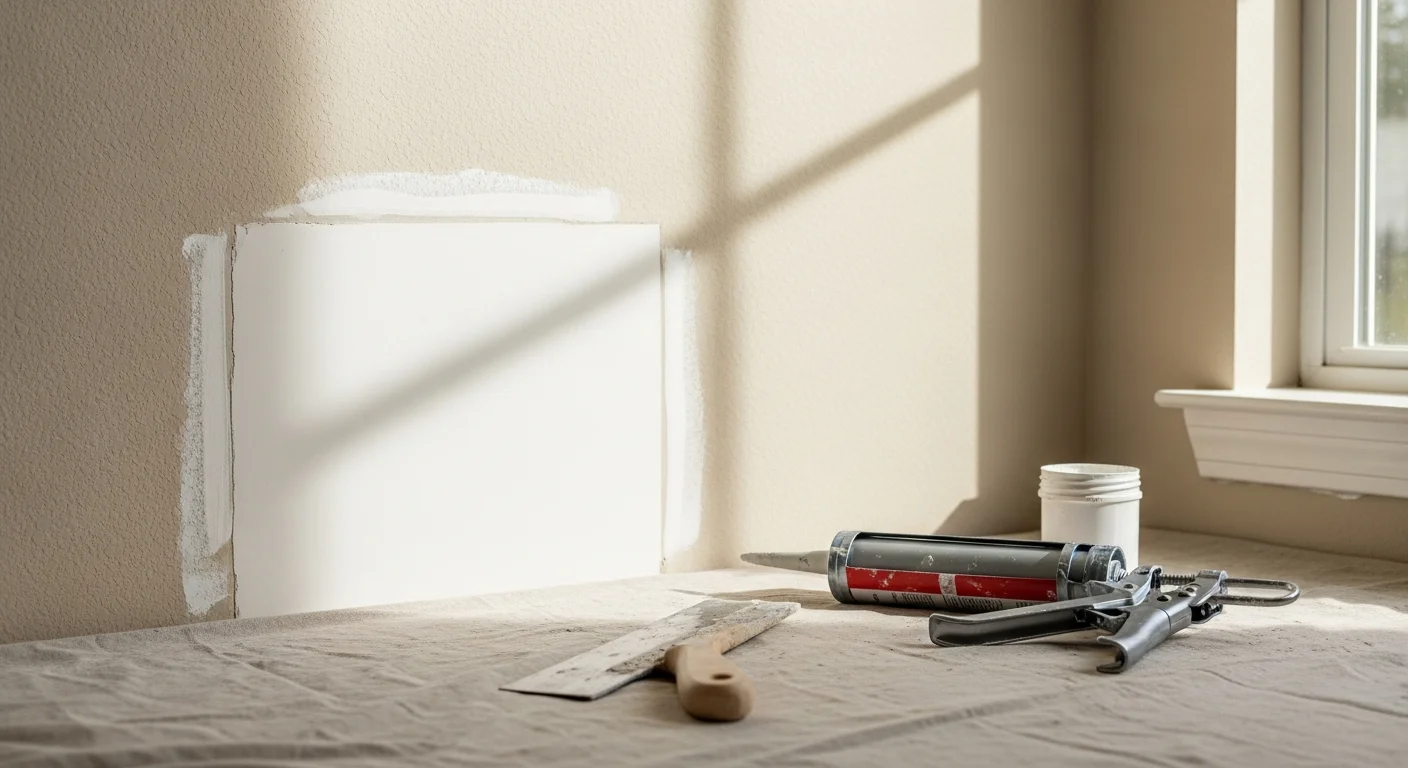 A Jacksonville home interior showing freshly patched and painted drywall with clean trim and sealed window edges. A Moniken Painting and Design crew member inspects a repaired wall surface in a Duval County residential room.