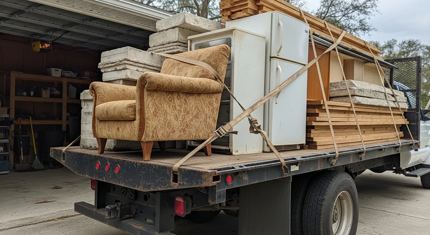 A cleared Jacksonville residential garage with empty floor space after junk hauling by Moniken Painting and Design. Old furniture, yard debris, and bulky items have been removed from the Duval County property.