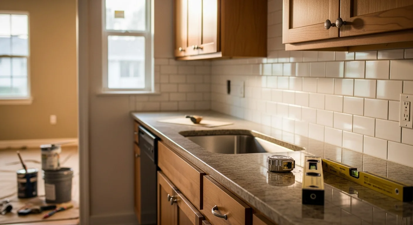 Remodeled kitchen interior in a Jacksonville, Florida home featuring updated cabinetry, new countertops, and fresh paint by Moniken Painting and Design. The space shows an open layout with coordinated finishes suited to Duval County residential construction.