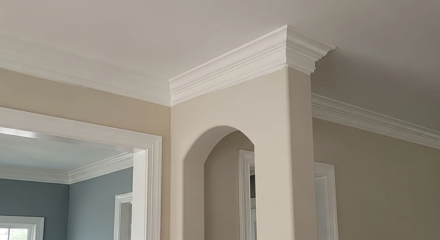 Freshly painted white crown molding and baseboards in a Jacksonville home interior, with crisp lines where the trim meets the wall. Close-up view shows a smooth semi-gloss finish on wood molding in a Duval County residential room.