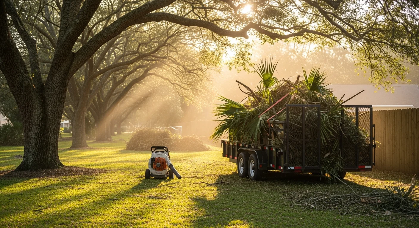 A cleared Jacksonville backyard in Duval County showing a clean lawn after yard debris removal, with a pile of branches, palm fronds, and brush loaded into a hauling truck at the curb.